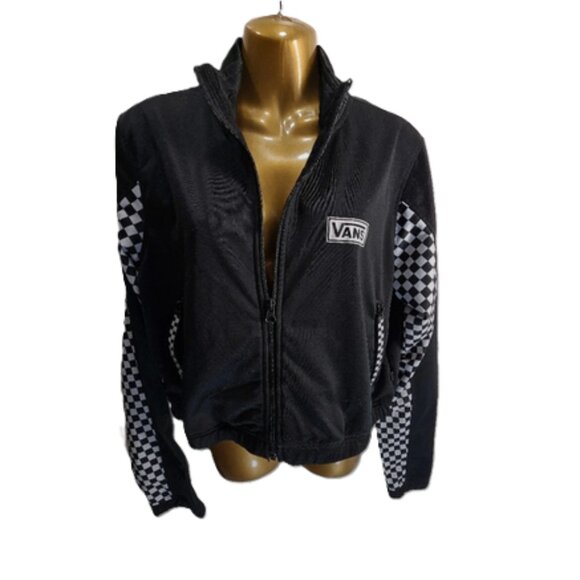 Vans Black White Checkered Zip Up Cropped Jacket Women’s Track Workout size L - Picture 2 of 6